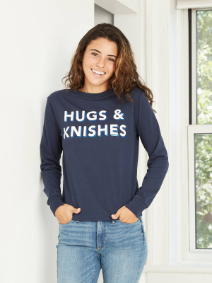 Women's Hugs And Knishes Long Sleeve Graphic T-shirt - Navy