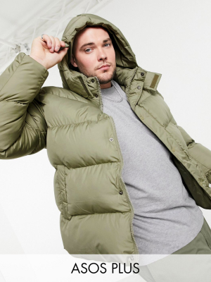 Asos Design Plus Sustainable Puffer Jacket With Detachable Hood In Khaki