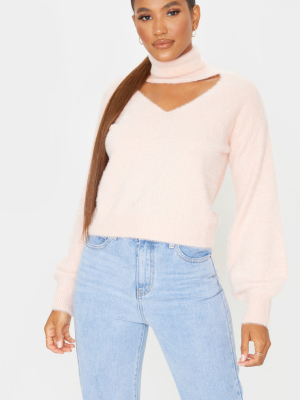 Baby Pink Eyelash Choker Detail Wide Sleeve Jumper