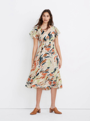 Flutter-sleeve Ruffle-waist Midi Dress In Brushing Up