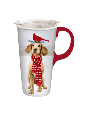 Cypress Home Beautiful Christmas Dog Ceramic Travel Cup With Tritan Lid And Matching Box - 4 X 5 X 7 Inches Indoor/outdo