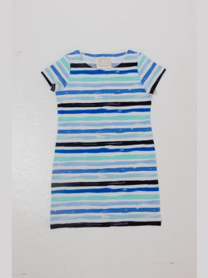 Blue Stripe Print Kids Short Sleeve Dress