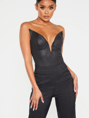 Black Faux Leather Croc Deep V Bodysuit