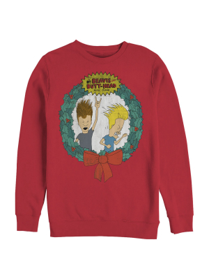 Men's Beavis And Butt-head Christmas Logo Rocker Wreath Sweatshirt