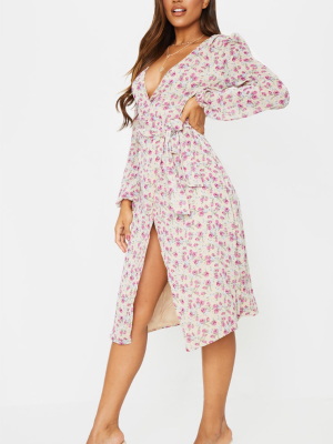 Nude Floral Print Wrap Tie Midi Dress