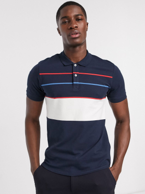 Selected Homme Polo Shirt With Color Block Stripe In Navy