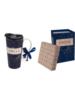 Evergreen Garden Ceramic Travel Cup W/box, Mini Ornament, And Triton Lid, 17 Oz., Best Uncle Ever