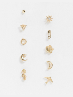 Monki Vimmy 10 Pack Stud Earrings In Gold