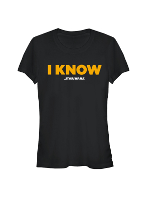 Junior's Star Wars Han Solo I Know T-shirt