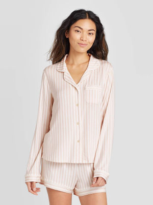 Women's Striped Beautifully Soft Long Sleeve Notch Collar And Short Pajama Set - Stars Above™ Soft Pink