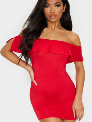 Basic Red Bardot Frill Detail Bodycon Dress