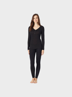 Warm Essentials By Cuddl Duds Women's Long Sleeve Smooth Stretch Thermal Henley T-shirt - Black