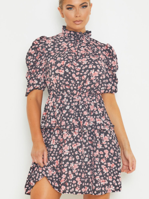 Black Floral Frill Neck Puff Sleeve Skater Dress