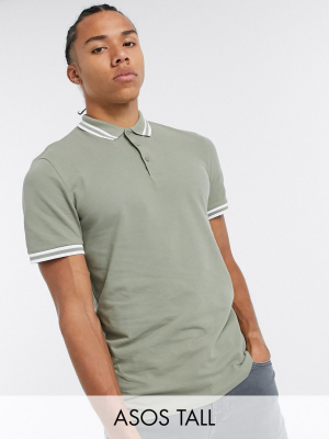 Asos Design Tall Tipped Pique Polo Shirt In Khaki