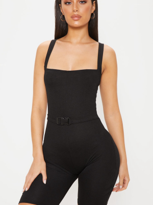 Black Buckle Belt Crepe Unitard