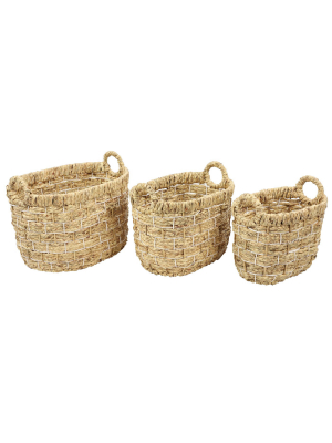 Set Of 3 Oval Handmade Water Hyacinth Wicker Storage Baskets - Olivia & May