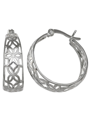 Women's Flower Scroll Graduated Hoop Earrings In Sterling Silver - Gray (20mm)