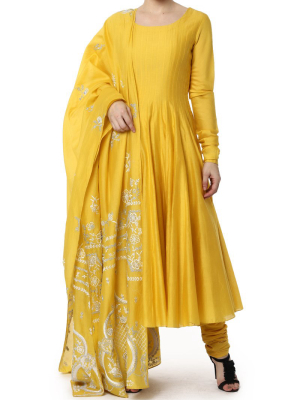 Mustard Anarkali With Embroidered Dupatta