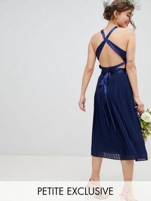 Tfnc Petite Pleated Midi Bridesmaid Dress With Cross Back And Bow Detail