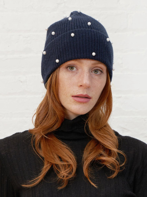 Rib Pearl Beanie In Black