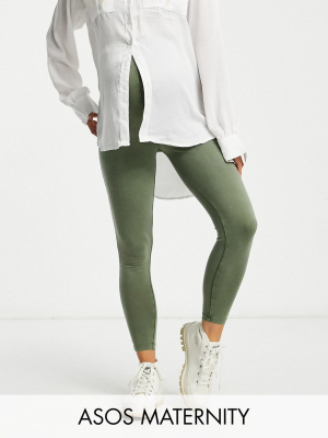 Asos Design Maternity Acid Wash Legging In Khaki