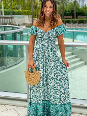 White And Green Off Shoulder Printed  Maxi Dress