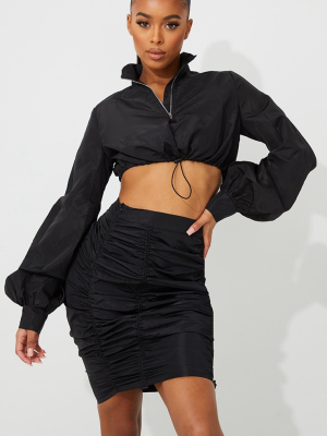 Black Ruched Toggle Longsleeve Cropped Jacket