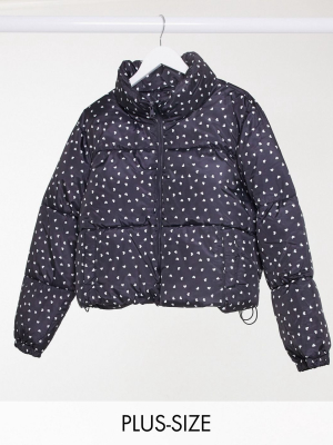 Wednesday's Girl Curve Padded Jacket In Ditsy Heart Print