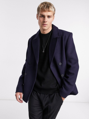 Asos Design Wool Mix Double Breasted Peacoat In Navy