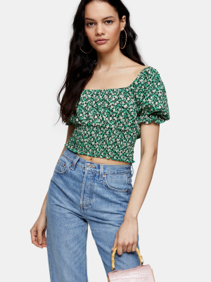 Green Floral Print Shirred Waist Top