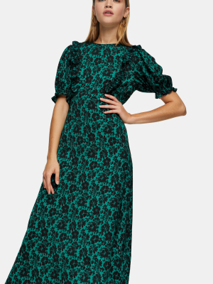 Green Daisy Midi Ruffle Tea Dress