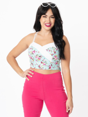 Unique Vintage Light Blue & Pink Floral Kiki Crop Top