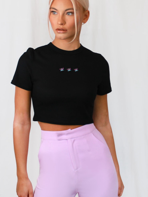 Black Rib Embroidered Butterfly Crop T Shirt