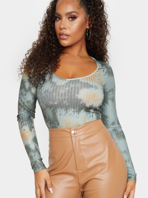 Khaki Acid Wash Slinky Rib Long Sleeve Bodysuit