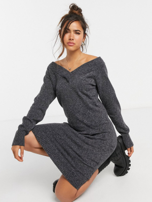 Vila V Neck Mini Sweater Dress In Gray