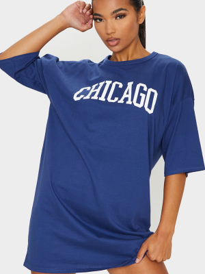 Navy Chicago Slogan Oversized T Shirt Dress