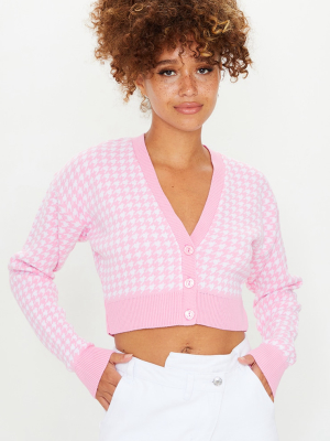 Pink Dogstooth Knitted Crop Cardigan