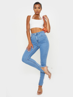 Light Blue Wash Side Split Hem Skinny Jeans