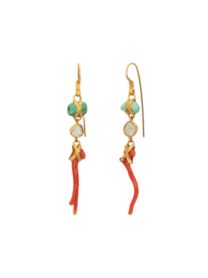 Triple Drop Turquoise & Sapphire & Coral Earrings