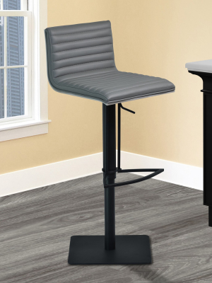 Cafe Adjustable Swivel Barstool In Gray Faux Leather With Black Metal Finish And Gray Walnut Veneer Back - Armen Living