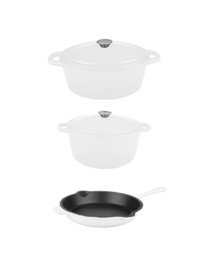 Berghoff Neo 5pc Cast Iron Set, 5qt Covered Casserole, 8qt Covered Casserole, & 10" Fry Pan, White