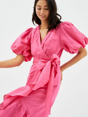 Wrap Frill Midi Dress In Pink