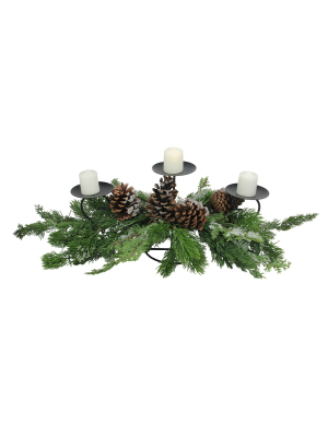 Melrose 28" Pine Needles And Iced Pine Cones Christmas Candle Holder - Green