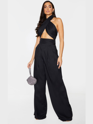 Black Woven Pleated Front Wide Leg Pants