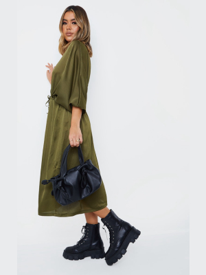 Khaki Tie Waist Detail Batwing Sleeve Midi Dress