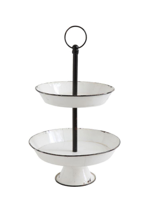 2-tier Decorative Metal Pedestal In White Distressed Enamel Finish