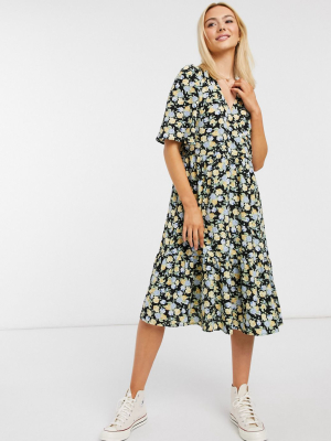 Monki Sandy Recycled Floral Print Midi Dress In Black