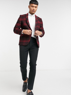 Twisted Tailor Suit Jacket With Contrast Collar In Red Tartan Check