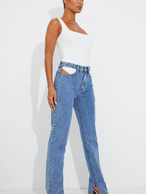 Mid Blue Wash Cut Out Hip Split Hem Jeans