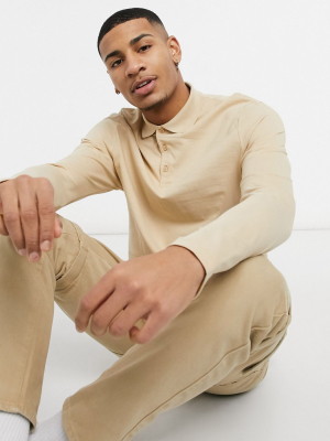 Asos Design Organic Long Sleeve Polo In Beige